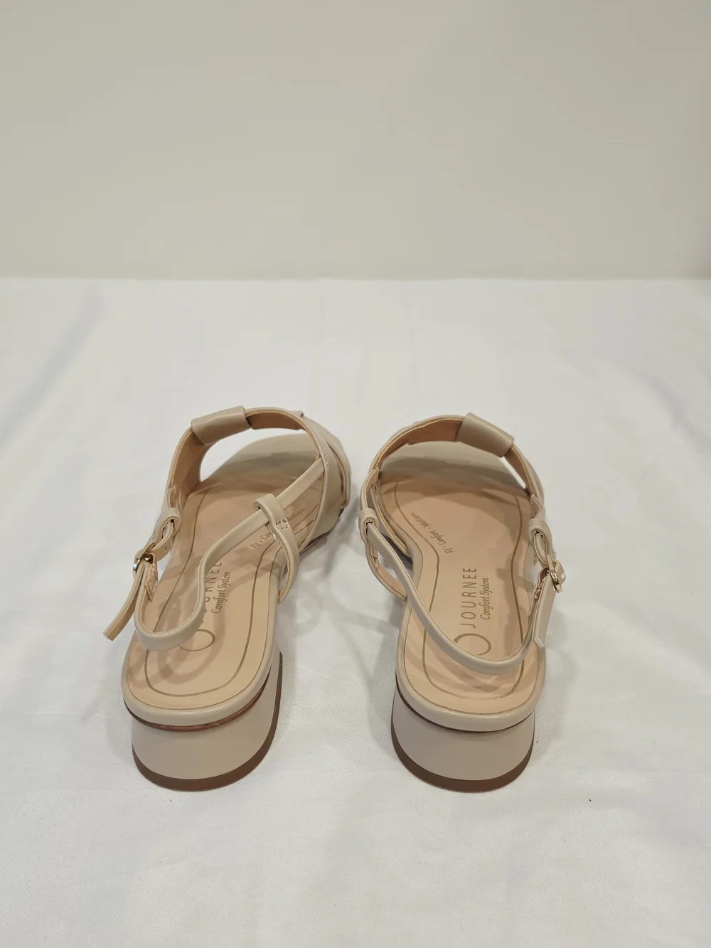 Journee Collection Tabatha Nude Woven T-Strap Low Block Heel Sandals US Size 7.5